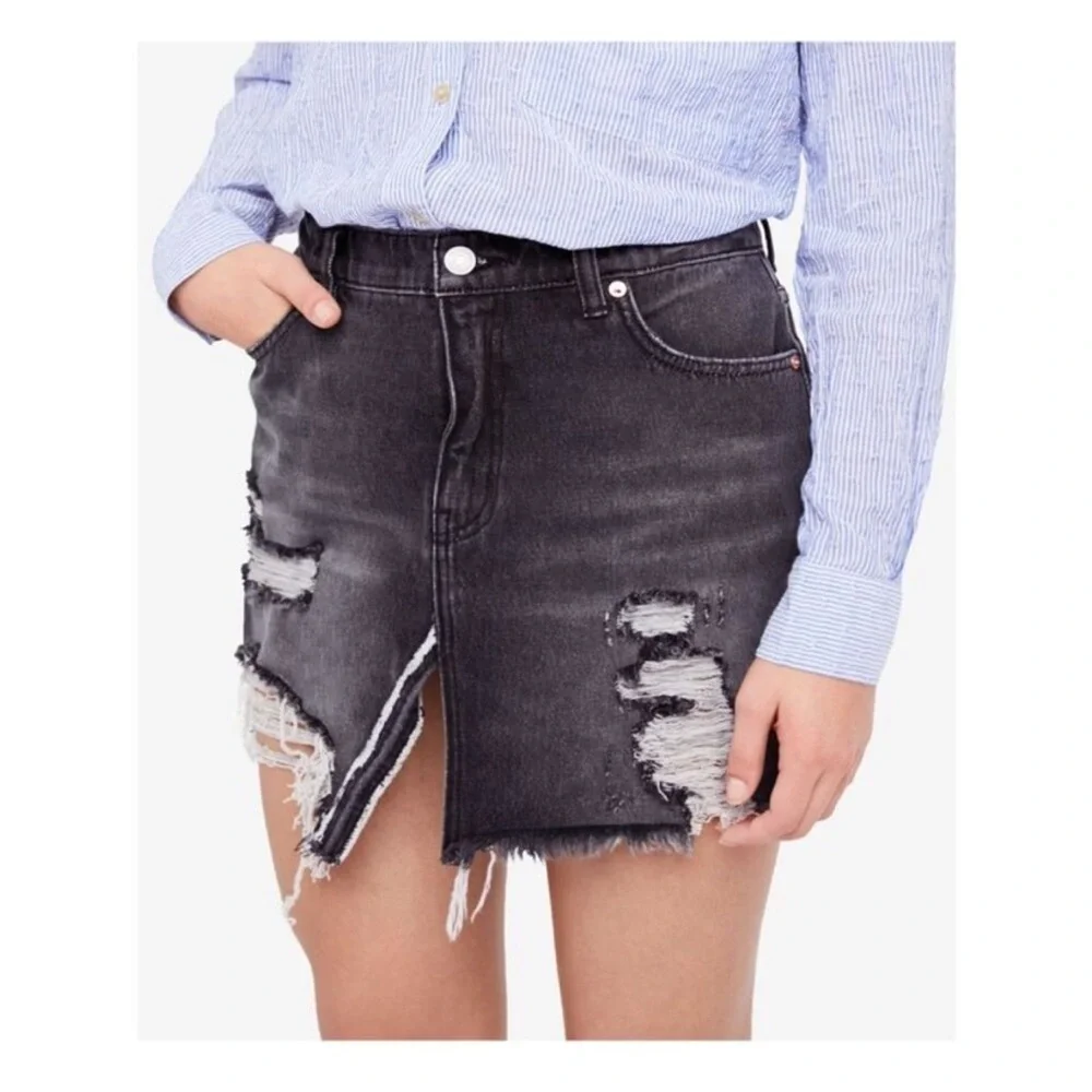 Free People Denim Mini Skirt Relaxed Ripped Washed Black